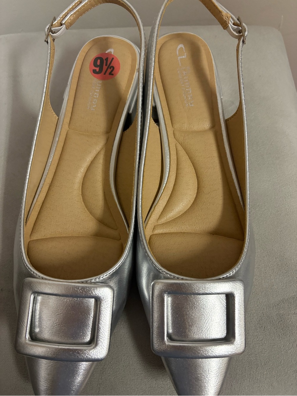 CL by Laundry Silver Pointed Toe Slingback Flats with Square Buckle